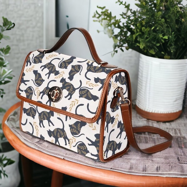 Boho Cottagecore Witchy Canvas Satchel sac, sac à main Boho Cats Motif, Canvas - Vegan Leather Cat Lady Sac à main Boho Witchcore Cat Satchel