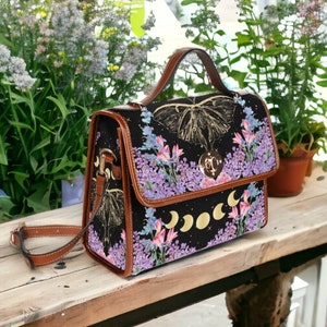 Witch Satchel Bag, Celestial Gold Luna Moth & Lilacs Cross Body Bag, Canvas Witch Handbag, Mystical Moth Vintage Floral Boho Hippie Purse