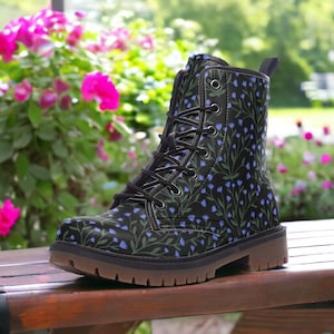 Dark Cottagecore Vegan Boots, Country Floral Boots, Blue Disty Floral Lace Up Boots, Dark Witchy Floral Boots, Blue Flowers Combat Boots