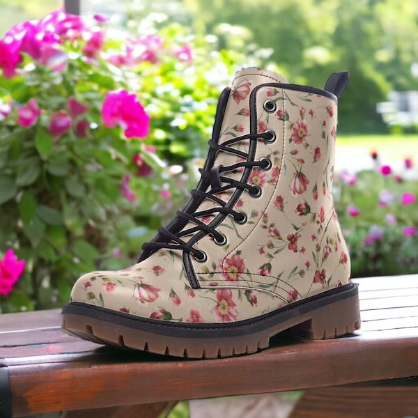 Cottage Floral Vegan Boots, Boho Witchcore Floral Boots, Wildflower Combat Boots, Bohemian Boots, Vegan Combat Boots, Cottagecore Boots