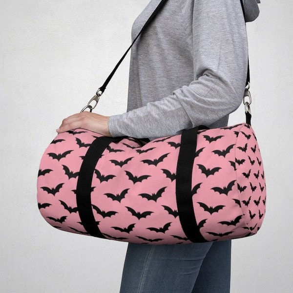 Pastel Goth Duffel Bag, Black Bats on Pink Weekend Bag, Pink Halloween, Creepy Cute, Kawaii Goth Gym Bag, Spooky Duffel Bag, Cute Goth Bag