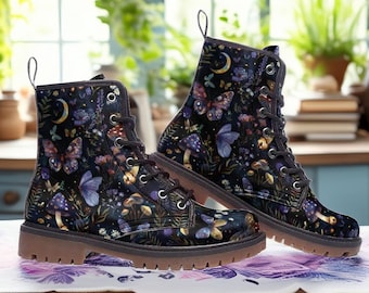 Purple Moons Flowers Mushrooms Butterflies Witchy Vegan Combat Boots, Celestial Fairy Grunge Whimsigoth Boots, Fairycore Girl Gift Boots