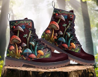 Fairy Mushrooms Vegan Leather Combat Boots, Witchy Combat  display picture 1