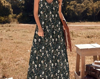 maxi dress with skulls Cottage Goth Maxi Dress, Skulls Botanical Aesthetic Dress, Gothic Motif  Dress, Witchy Maxi Dress, Fairy Grunge Dress, Whimsigoth Maxi Dress