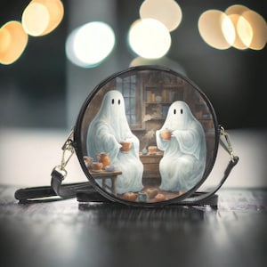Spooky Cute Library Sheet Ghosties Round Satchel, Haunted Library Ghosts purse, Spooky Cute Handbag, Vegan Leather Halloween Spooky Purse