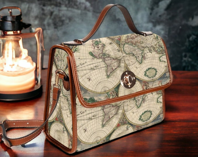Cottagecore Vintage Maps Boho Canvas Satchel bag, Light Academia World Map Boho purse, Vintage Travel Geography Adventure Hippies Boho Purse