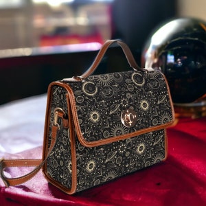 Boho Celestial Canvas Satchel sac, sac à main Boho Zodiac Stars Planets, Canvas - Vegan Leather Dark Academia Sac à main Boho Hippie Satchel