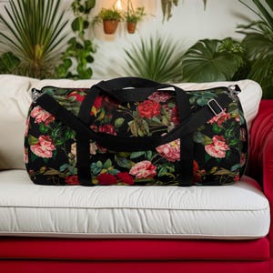 Vintage Dark Roses Whimsigoth Duffel Bag, Dark Cottagecore Duffel Bag, Dark Floral Gym Bag, Roses Weekender bag, Witchy Roses Duffle Gym Bag
