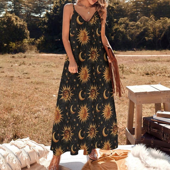 Whimsigoth Celestial Sun and Moon Maxi Dress, Witchy Spaghetti