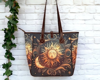 Boho Celestial Tote Handbag, Witchy Shoulder Handbag, Oversize Shoulder Tote, Sun and Moon Mystical Witchy Hippie Tote, Whimsigoth Aesthetic