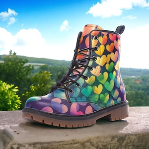 Rainbow Hearts Vegan Combat Boots, Kidcore Combat Boots, Pride Vegan Lace Up Boots, Rainbow Watercolor Hearts, Fantasy Faux Leather Boots
