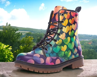 Rainbow Hearts Vegan Combat Boots, Kidcore Combat Boots, Pride Vegan Lace Up Boots, Rainbow Watercolor Hearts, Fantasy Faux Leather Boots