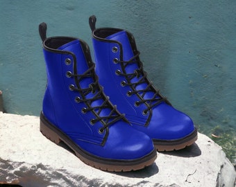 Electric Blue Vegan Combat Boots, Bright Blue Punk Boot, Blue Lace Up Boots, Blue Chunky Boots, Cosplay Blue Boots, Blue Faux Leather Boots