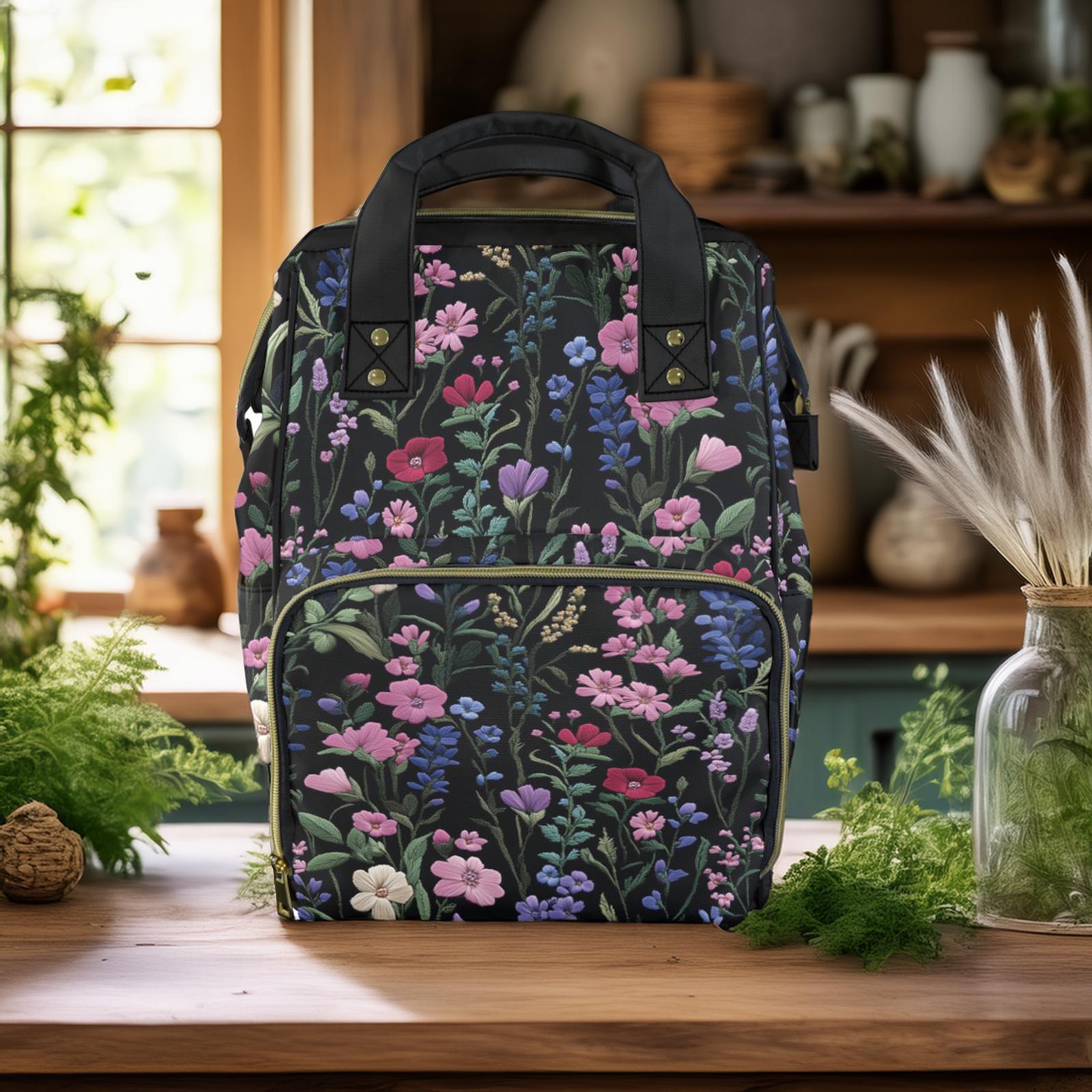 Embroidered Floral Black Backpack - Boho Multicolor Accent Dark Floral Backpack, Boho Travel Bag, Aesthetic Laptop Bag  main image 3