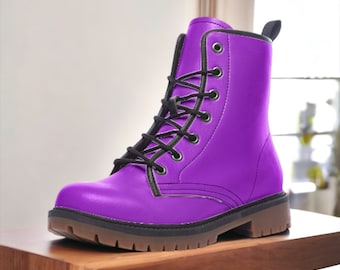 Bright Purple Vegan Combat Boots, Purple Punk Boots, Electric Violet Lace Up Boots, Cosplay Purple Chunky Boots, Purple Faux Leather Boots