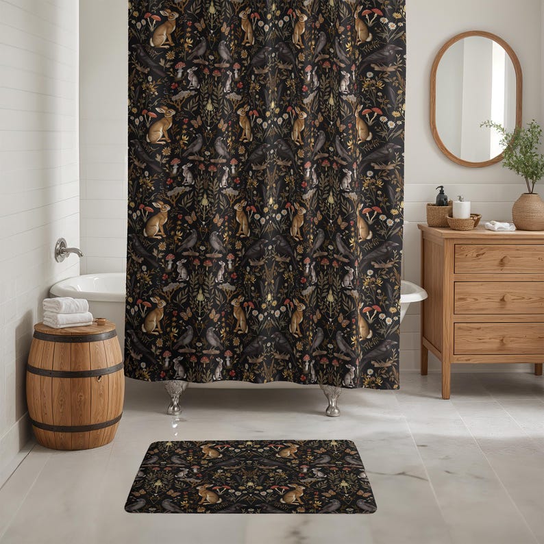 Cortina de ducha con temática de cabaña en el bosque más oscuro, decoración de baño con temática de cabaña oscura, decoración de baño con temática de brujas, baño con temática de bosque encantado, juego de baño con temática de bosque encantado imagen 3