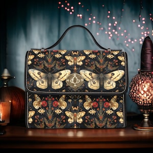 Cottage Goth Moths Flowers Satchel, Bolsa de polillas góticas y juego de billetera, Embrague Cottagecore oscuro, Conjunto Whimsigoth, Regalos de brujería boho de cuero vegano