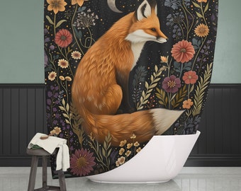 May include: A shower curtain featuring a whimsical illustration of a fox sitting in a field of flowers and stars. The fox is orange and white with a bushy tail. The flowers are in shades of pink, purple, and yellow. The background is a dark blue with white stars.