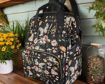 Sac à couches papillon Cottagecore, sac à dos multifonctionnel pour maman, sac bébé fantaisiste fleurs sauvages, cadeau baby shower ou cadeau post-partum