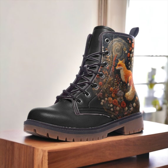 Faux-embroidery Fox & Moon Vegan Boots, Dark Forestcore Fox