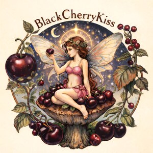 Op de afbeelding: Een cirkelvormige illustratie getiteld BlackCherryKiss met een fee met doorschijnende vleugels zittend op een grote paddenstoel. De fee draagt een roze topje en houdt een donkere kers vast. Omringd door kersentakken en een sterrenhemel.