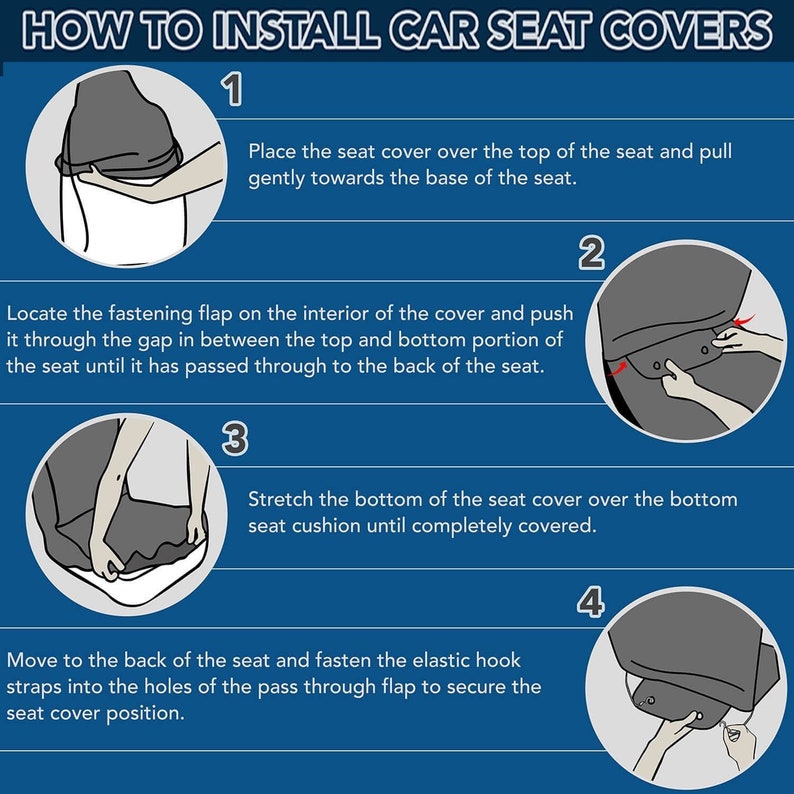 May include: A four-step illustrated guide on how to install car seat covers. The guide shows a person installing a black seat cover on a car seat. The steps include placing the cover over the seat, fastening the flap, stretching the bottom, and securing the elastic hook.