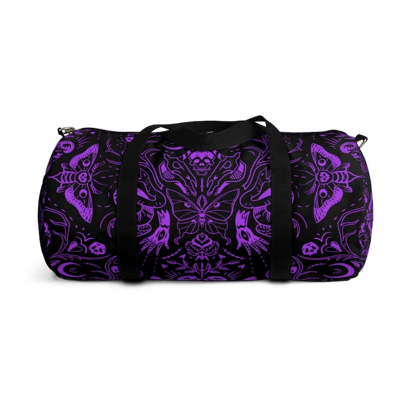 Violet Goth Duffel Bag, Witchcore Clothing, Goth Skulls Moths Duffel Bag, Goth Girl Gym Bag, Gothic Weekender bag, Pastel Witchy Duffel Bag image 13