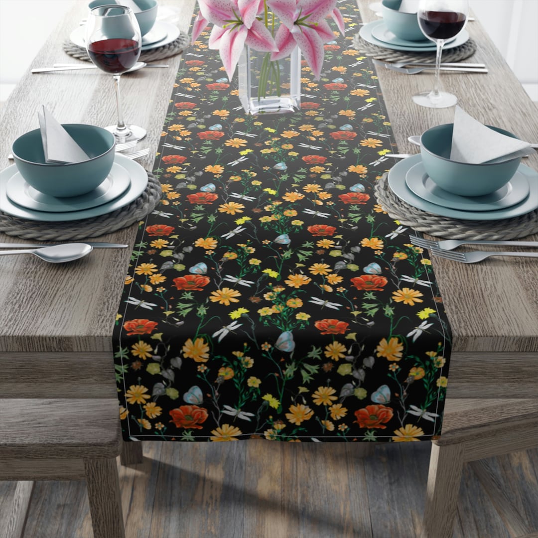 Dark Cottagecore Table Runner, Orange Blossoms Dragonflies Butterflies ...