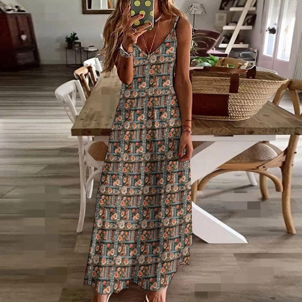 Books & Flowers Cottagecore Sling Ankle Long Dress, Boho