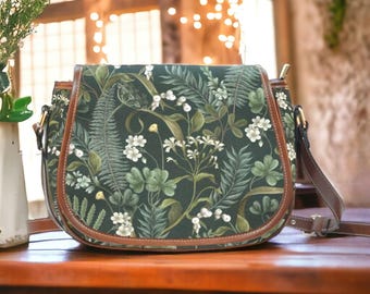 Boho botaniska ormbunkar och blommor sadelväska axelväska, boho häxväska, skogskärväska, klöverormbunkar skogsälv grungeväska