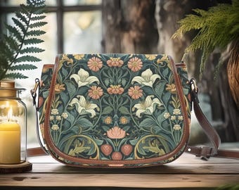 Art Nouveau Floral Saddle Bag, Vintage Botanical Crossbody, Dark Academia Purse, Boho Hippie Witchy Chic Handbag, Whimsical Cottagecore Gift