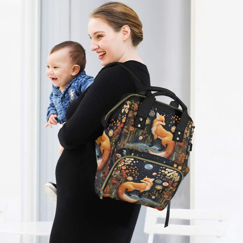 Faux-Embroidery Fox Diaper Backpack, Cottagecore Fox Mommy Bag, Storybook Fables Fox Bag, Forestcore Mama Cottage Nursery Shower Gift Bag image 3