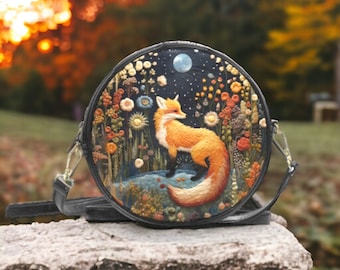 Faux-Embroidered Fox Vegan Leather Purse, Boho Cottagecore Witchy Fox Handbag, Naturecore Fox Cross Body Bag, Dark Forestcore Fox Round Bag