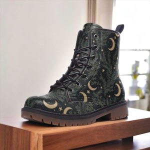Forest Witch Moon Vegan Leather Combat Boots, Witchy Combat