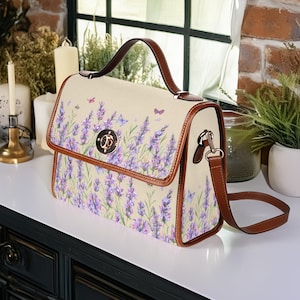 Boho Cottagecore Witchy Canvas Satchel, Boho Lavendel Felder Geldbörse, Canvas & Vegan Leder Wildblumen Schmetterlinge Boho Witchcore Handtasche