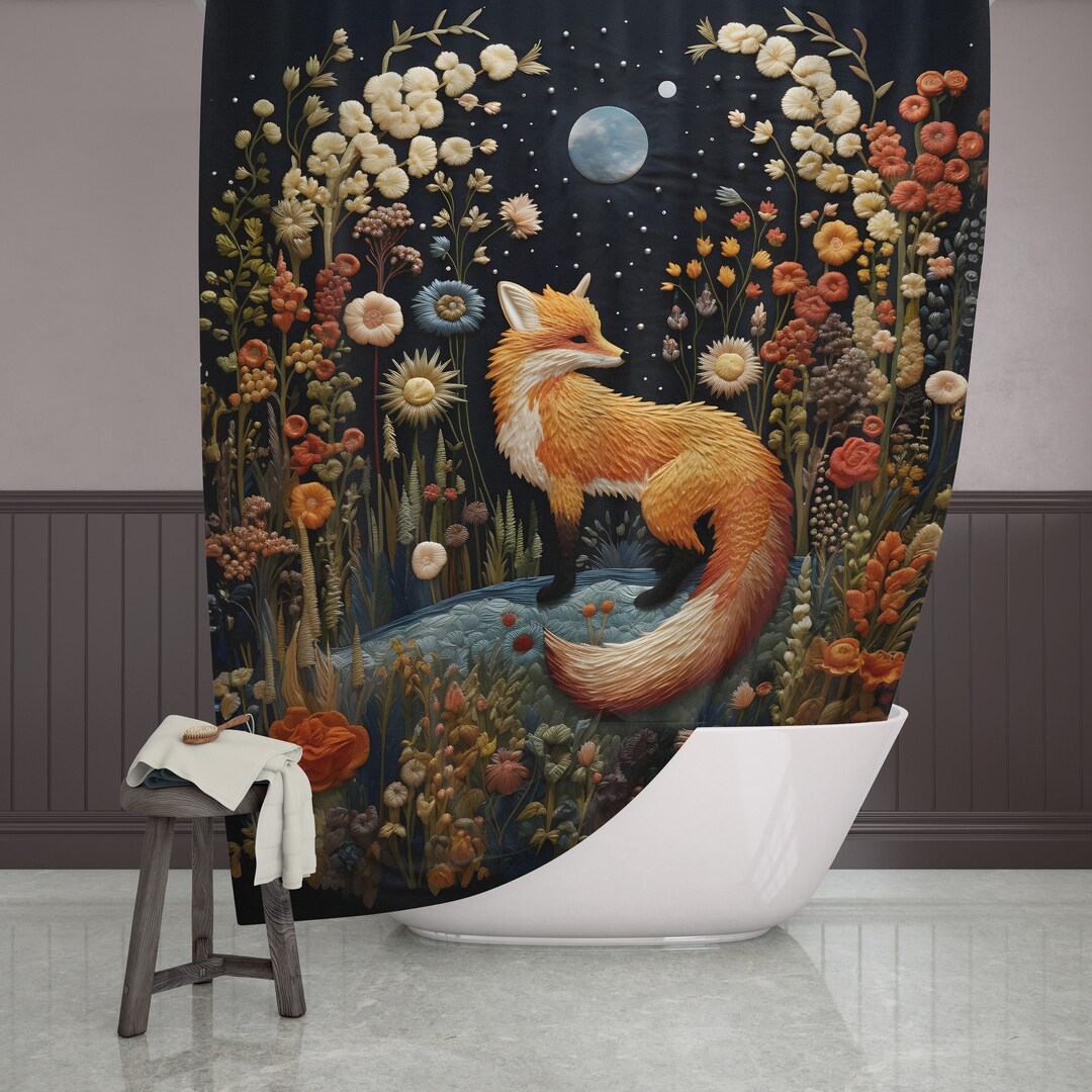 Cottagecore Fox Faux-embroidered Shower Curtain, Cottagecore Bath Decor ...