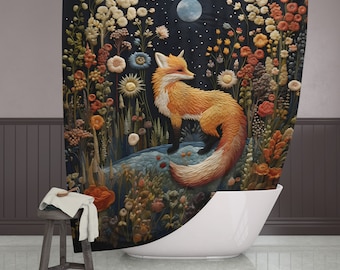 Cottagecore Fox Faux-Embroidered Shower Curtain, Cottagecore Bath Decor, Fox Bath Decor, Forestcore Bathroom, Woodland Fox Bath Decor Gifts