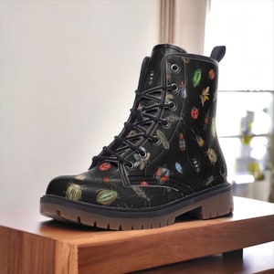 Beautiful Beetles Vegan Combat Boots, Boho Cottagecore Boots, Goblincore Boots, Bugs boots, Dark Nature Boots, Colorful Cute Beetles Boots