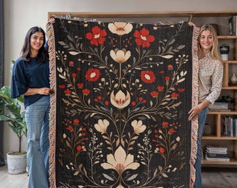 Folk Art Red and Cream Floral Jacquard Woven Blanket, Russian Scandinavian Inspired Design Throw, Cozy Boho Home Decor, Cottagecore Bedding