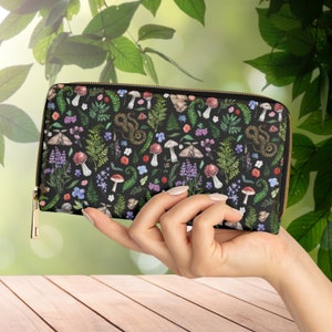 Forestcore Wallet, Forest Witch Zipper Clutch Wallet, Mushrooms, Ferns, Bugs Naturecore Wallet, Dark Cottagecore, Goblincore Faecore clutch