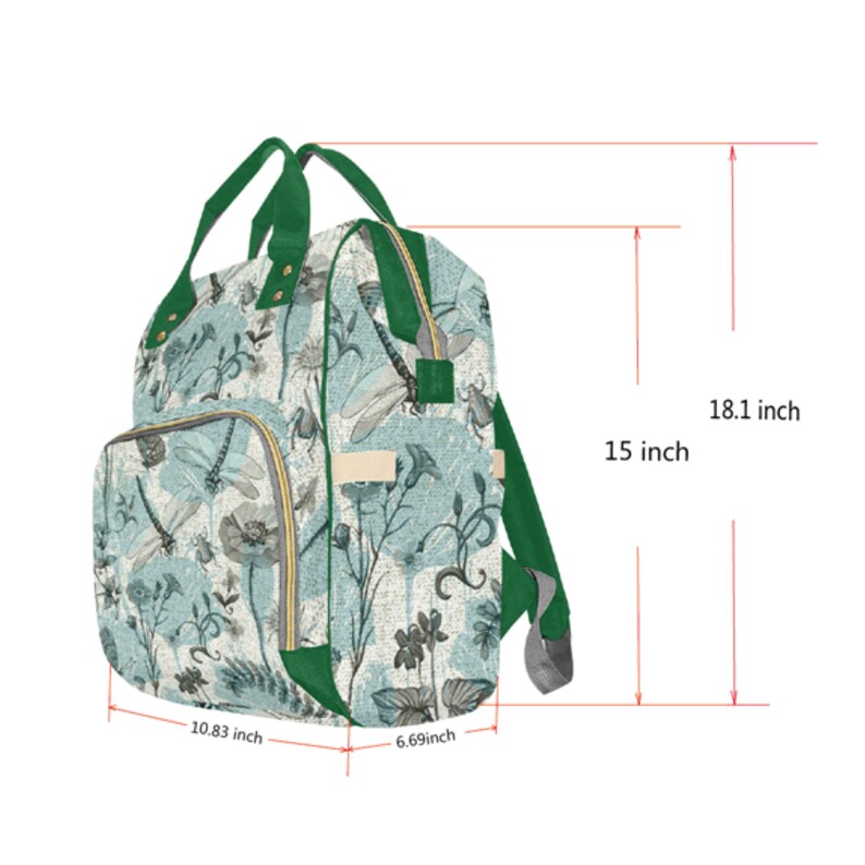 May include: A backpack with a floral and dragonfly pattern in shades of blue, gray, and white. The bag has green straps and handles, with dimensions of 18.1 inches high, 15 inches wide, 10.83 inches deep, and 6.69 inches wide.