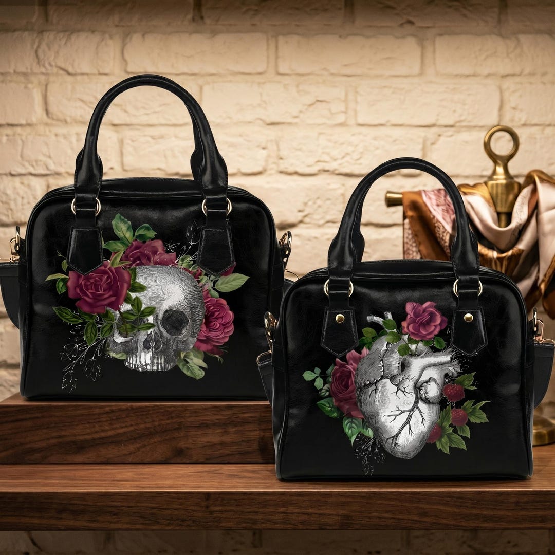 Gothic Skull Dark Heart Roses Handbag, Goth Girl Vegan Leather
