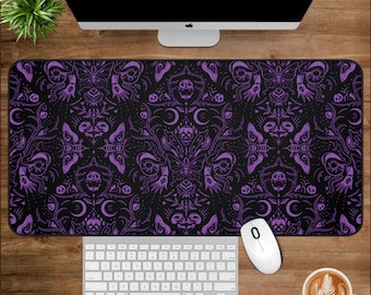 Gothic Lila Schädel & Motten Schreibtischunterlage, Gothic Schreibtischunterlage, Gothic Gaming Matte, Gothic Büro Dekor, Goth Girl Dekor Mauspad, gruselig Büro Dekor