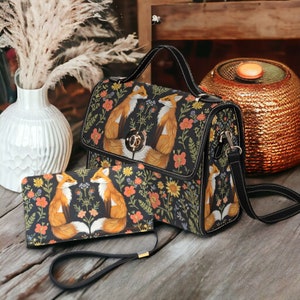Bolso o billetera de embrague con flores de zorros gemelos bordados falsos, bolso o billetera floral Boho Cottagecore Witchy Folk Art Fox, bolso de zorro de fábulas