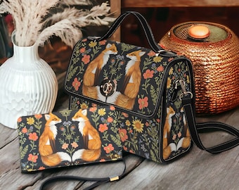 Faux-embroidered Twin Foxes Flowers Handbag & Clutch Wallet Set