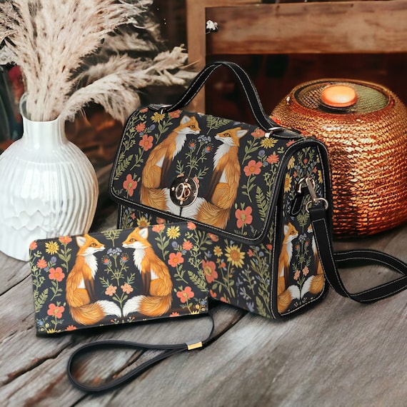 Faux embroidered Twin Foxes Flowers Handbag Clutch Wallet Set Boho Cottagecore Witchy Folk Art Fox Floral Purse or Wallet Fables Fox Bag Etsy