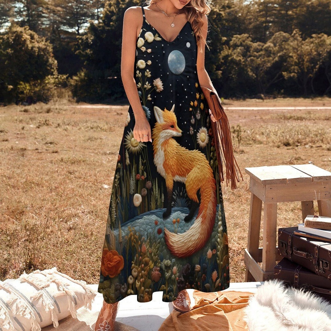 Dark Cottagecore Fox Flowers Moon Maxi Dress, Dark Forestcore Fox