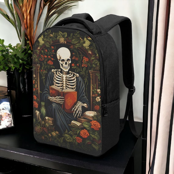 Spooky Skeleton Laptop Backpack, Gothic Library Backpack, Dead Man's Library Backpack, Dark Academia Laptop Bag, Skeleton Reading Book Bag