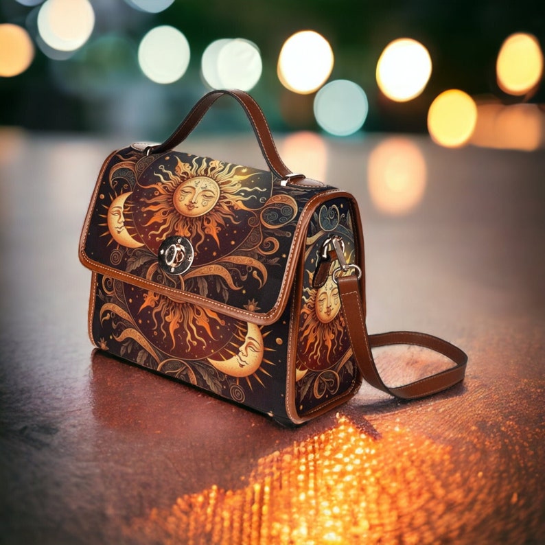 Dark Boho Sun & Moon Canvas Satchel bag, Dark Celestial Sun Moon Bag, Dark Academia Purse, Dark Cottagecore Handbag, Boho Hippie Witch Purse image 1