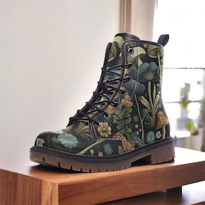 Goblincore Boots, Boho Dark Forest Mushrooms Combat Boot, Vegan Combat Boots, Fairy Grunge Festival Club Boot, Faecore Mushroom Print Boots,